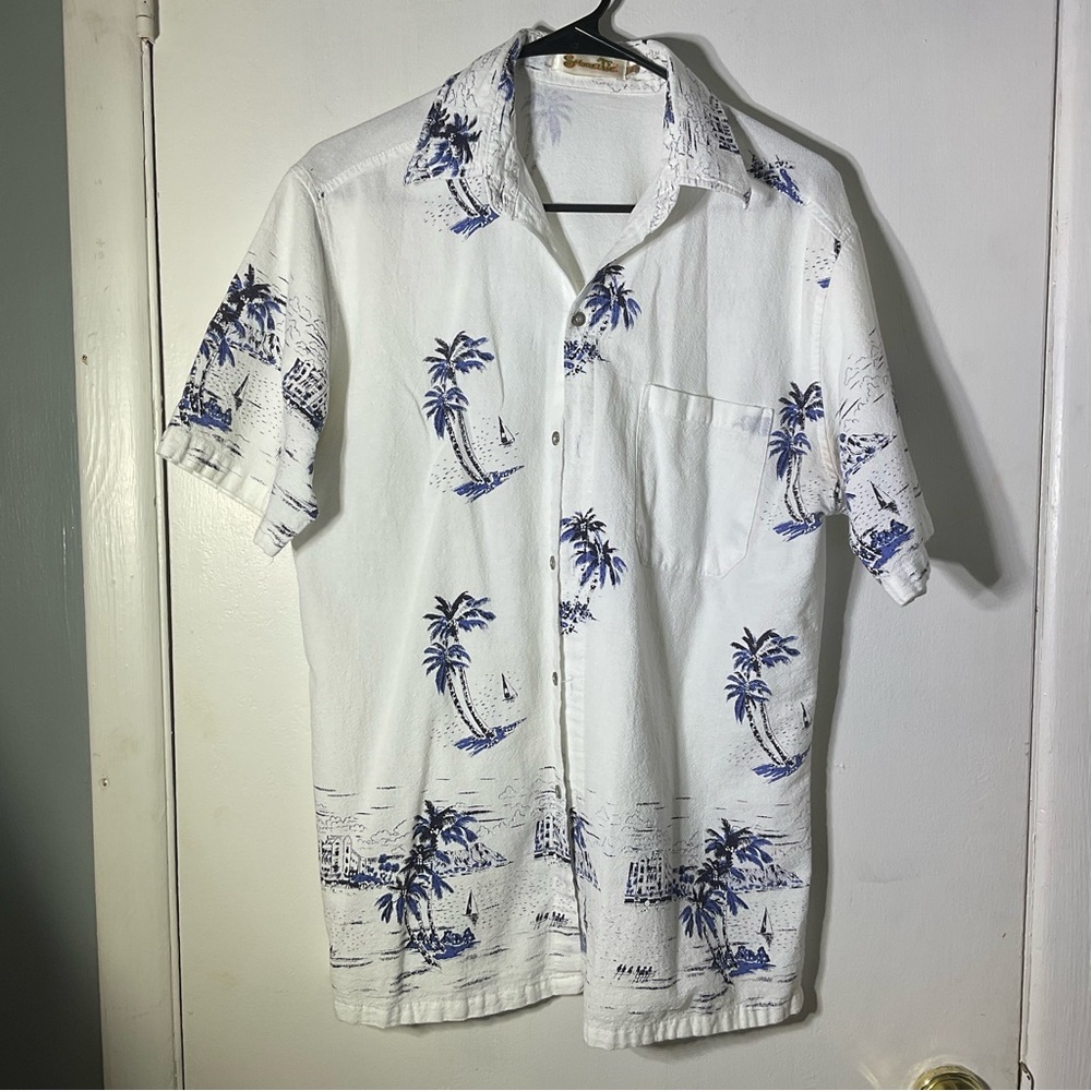 Shoreline Tropical Palm Trees, Sailboats Casual Short Sleeve Shirt Sz L